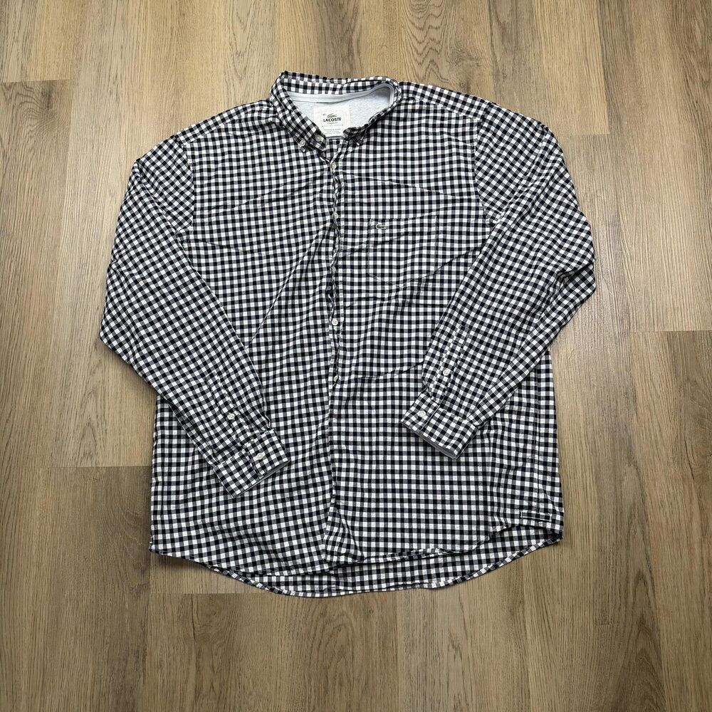 Lacoste Shirt Mens 46 Blue White Gingham Long Sleeve Button Down Classic Fit